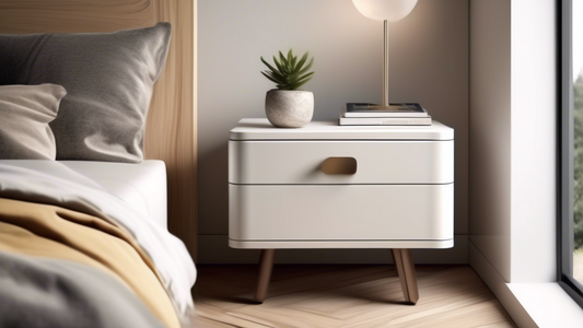 Create an image of a chic and modern nightstand with a hidden drawer design, showcasing a sleek and minimalist aesthetic. The nightstand should have clean lines, a contemporary color palette, and a cleverly concealed drawer that blends seamlessly int