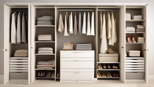 Create an image of a neatly organized closet with different types of hanging closet organizer systems such as shelves, shoe racks, and hanging organizers for clothes. Show a variety of items like accessories, shoes, and clothes, all neatly arranged i