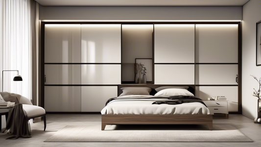 Create an image of a modern bedroom with a sliding door wardrobe seamlessly integrated into the design, showcasing its sleek and space-saving features. The wardrobe should have a minimalist design with reflective surfaces to emphasize the advantages 