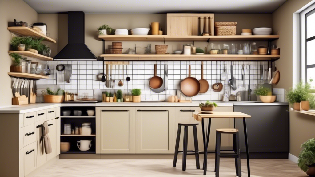 Create an image of a small, compact kitchen with limited storage space, featuring innovative overhead storage solutions such as hanging baskets, wall-mounted shelves, and DIY storage racks to maximize organization and functionality. The design should