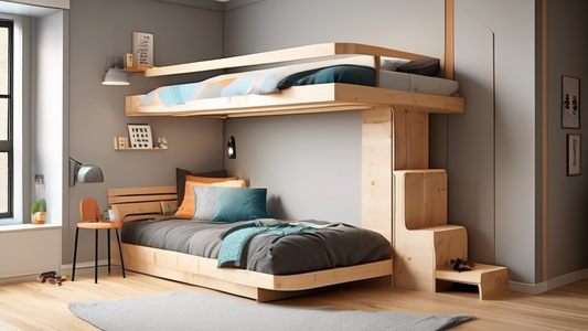 Create an image of a modern, innovative DIY bunk bed design that maximizes space in a creative way. The bunk beds should be sturdy and functional, showcasing storage solutions and multi-purpose features that make the most of limited space. Design ele