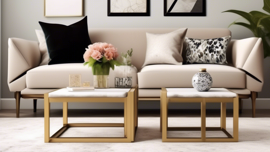 Create an image of a stylish living room with a set of nesting tables creatively arranged to showcase their versatility in maximizing space and organizing decorative items. The image should highlight how nesting tables can be used as both functional 