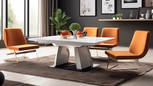 Create an image of a sleek, modern living room with a convertible coffee dining set seamlessly transforming from a coffee table to a dining table, showcasing how innovative furniture can maximize space in a stylish way.