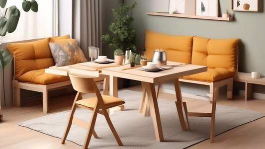 Create an image of a cozy apartment living room with three different space-saving dining table sets that are compact yet stylish. Include a foldable dining table, a multi-functional table with storage compartments, and a wall-mounted drop-leaf table 