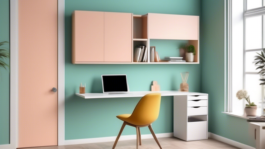 Create an image of a sleek and modern fold-down wall desk design that seamlessly blends into a small space, showcasing innovative storage solutions and minimalist aesthetics.