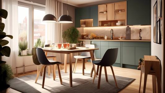 Create an image of a cozy and stylish dining area in a small apartment featuring a space-saving dining set. The set should include a compact table and chairs that seamlessly blend into the limited space, making it both functional and visually appeali