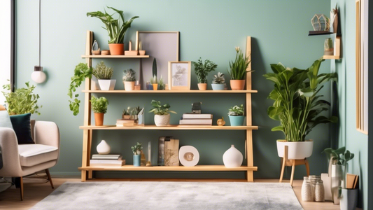 Create an image of a modern living room with a stylish ladder shelf filled with books, plants, and decorative items, showcasing the top benefits of ladder shelf storage for a home space.