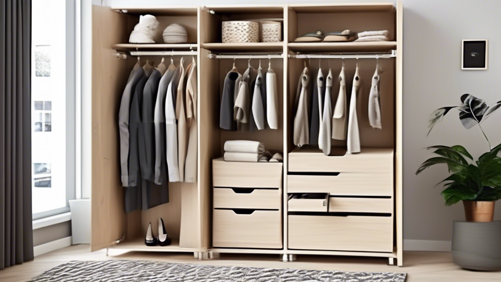 Create an image of a modern, sleek storage solution designed specifically for small spaces. Show an innovative shelving unit or closet organizer that maximizes storage capacity in a minimalistic and stylish way. The design should showcase smart organ