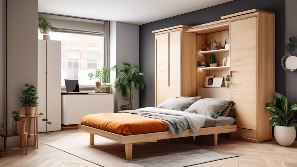 Create an image of a small studio apartment with limited space, featuring innovative and compact foldable storage solutions such as a murphy bed, collapsible furniture, and hidden storage compartments. Show how these space-saving tips can help maximi