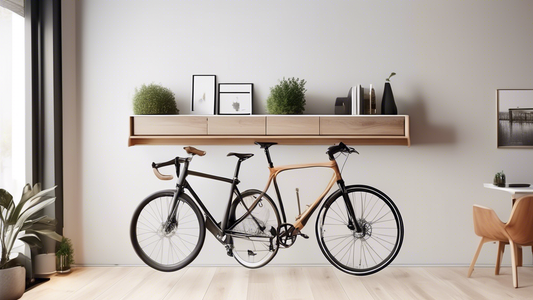 Create an image of a stylish and space-saving wall-mounted bike rack designed for apartments. Show a sleek and modern design that seamlessly blends with the interior decor, featuring a convenient and secure storage solution for bicycles in a small li