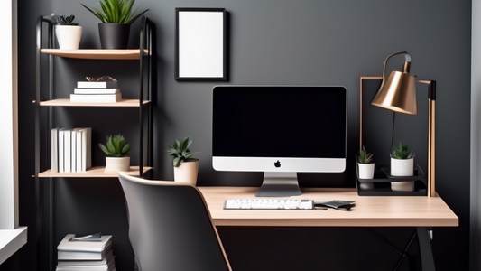 Create an image of a sleek, modern home office setup with space-saving furniture pieces such as a compact desk, wall-mounted storage shelves, and a foldable chair. The design should be stylish, functional, and perfect for small living spaces.