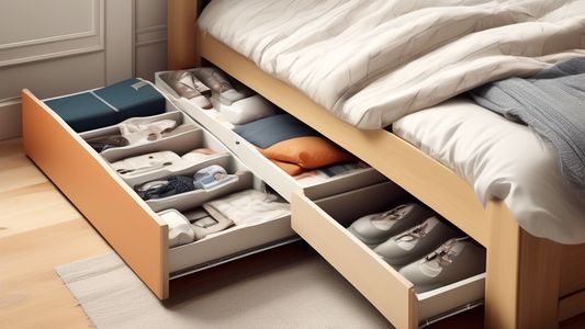 Create an image showing a variety of creative under-bed storage solutions, such as sliding drawers, storage bins, and hanging organizers, to maximize space in a bedroom. The image should feature a neatly organized and efficient use of the space under