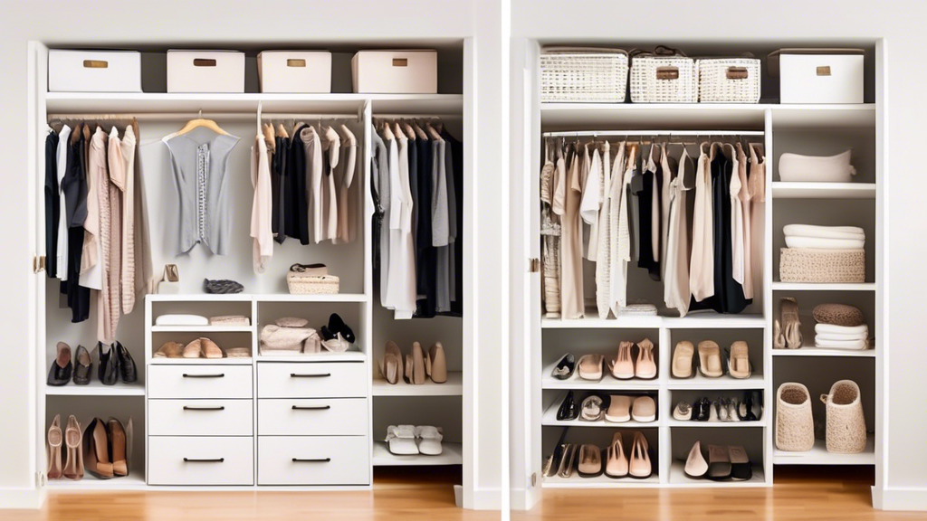 Create an image of a small, cluttered closet transformed into an organized and functional space using various closet organizers such as hanging shelves, storage bins, shoe racks, and clothing dividers. Show before and after shots to visually demonstr