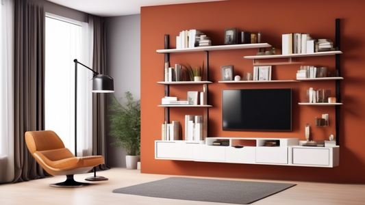 Create an image of a small room with limited space showcasing a highly efficient and stylish modular shelving system that maximizes storage and organization. The shelving system should appear sleek, customizable, and visually appealing while efficien