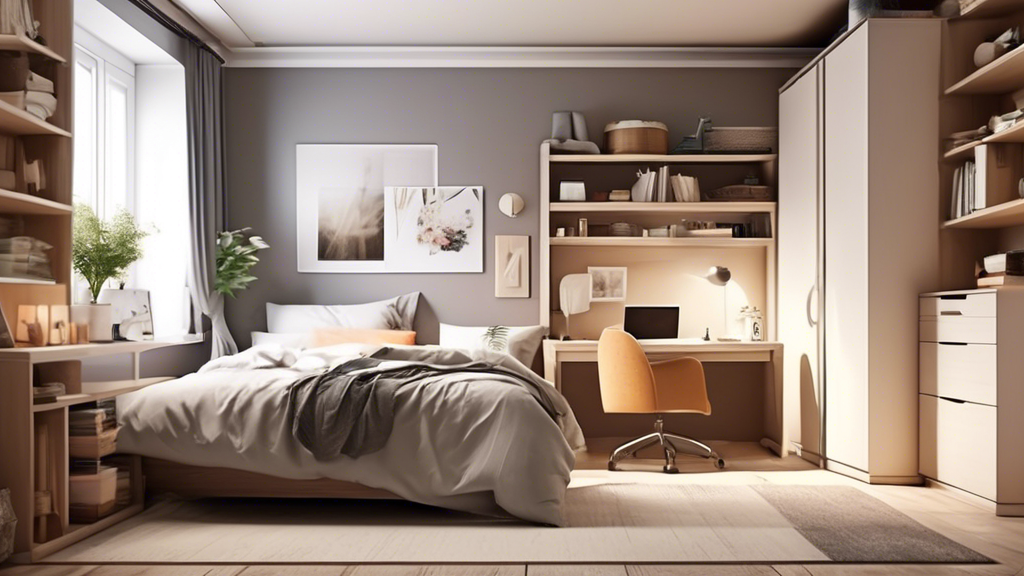 Create an image of a small bedroom with clever space-saving storage solutions such as built-in shelves, under-bed storage drawers, a compact wardrobe, and a fold-down desk. Show how these elements maximize the space and make the room feel organized a