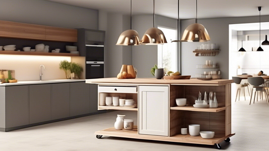 Create an image of a modern kitchen island cart design that is both elegant and foldable, showcasing its versatility and functionality in a small kitchen space. The design should feature sleek lines, a contemporary color palette, and innovative foldi
