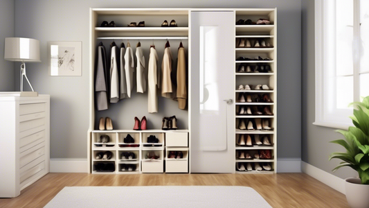 Create an image of a small room with limited space for shoe storage, showcasing creative and innovative ways to organize and store shoes efficiently. Include unique solutions such as hanging shoe racks, shoe shelves built into walls, under bed shoe s