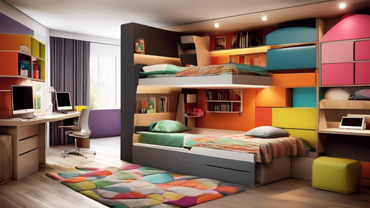 Create an image of a modern bedroom featuring bunk beds with innovative storage solutions integrated into the design. The bunk beds should be stylish and space-saving, with cleverly incorporated shelves, drawers, and compartments to maximize storage 