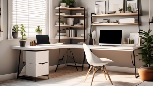 Create an image of a sleek and modern corner desk setup in a home office, showcasing smart organization solutions such as built-in storage compartments, shelves, and drawers. The desk should have a clean and uncluttered design, with an emphasis on ma