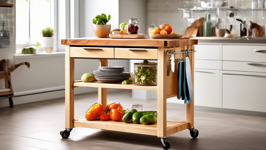 Produce an image of a modern, compact kitchen featuring a sleek rolling butcher block cart integrated seamlessly into the design. The cart should showcase efficient space utilization and organization, demonstrating its potential to maximize kitchen f