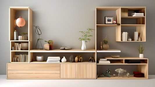 Create an image of a small, compact room with limited space, featuring a modular shelving system that maximizes storage and organization. The shelving system should showcase various customizable and interchangeable components to demonstrate its adapt