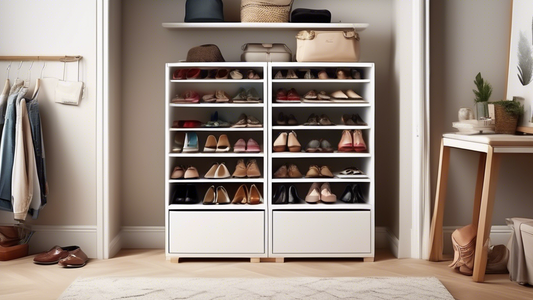 Create an image of a closet transformed into a shoe sanctuary, showcasing innovative and space-saving shoe storage solutions such as hanging shoe organizers, under-the-bed shoe containers, shoe racks, and shoe cabinet storage. Fill the space with var