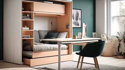 Create an image of a modern, stylish studio apartment with a sleek Murphy bed that seamlessly transforms into a functional desk, showcasing 10 different innovative designs for space-saving living. The room should exude a cozy and practical atmosphere