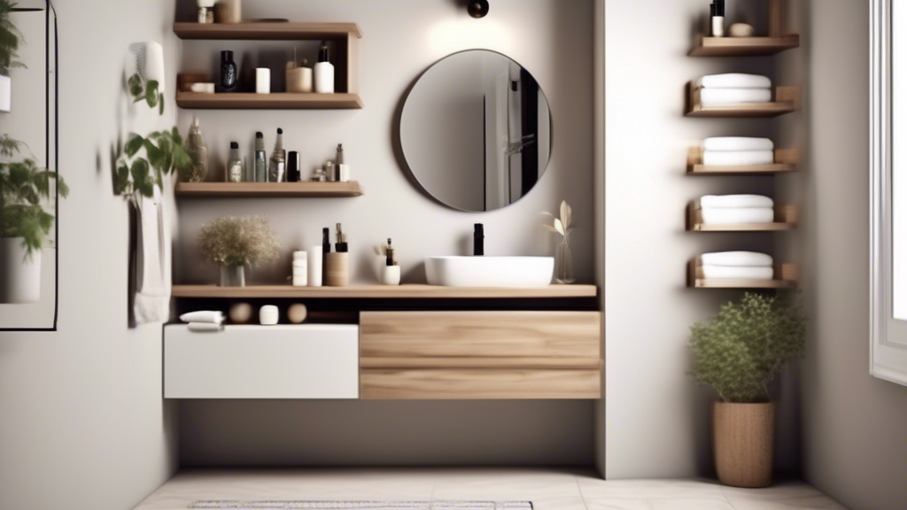 Create an image of a small bathroom with limited storage space, featuring floating shelves showcasing various toiletries, towels, and decor items. The shelves should be seamlessly integrated into the bathroom design, maximizing storage while maintain