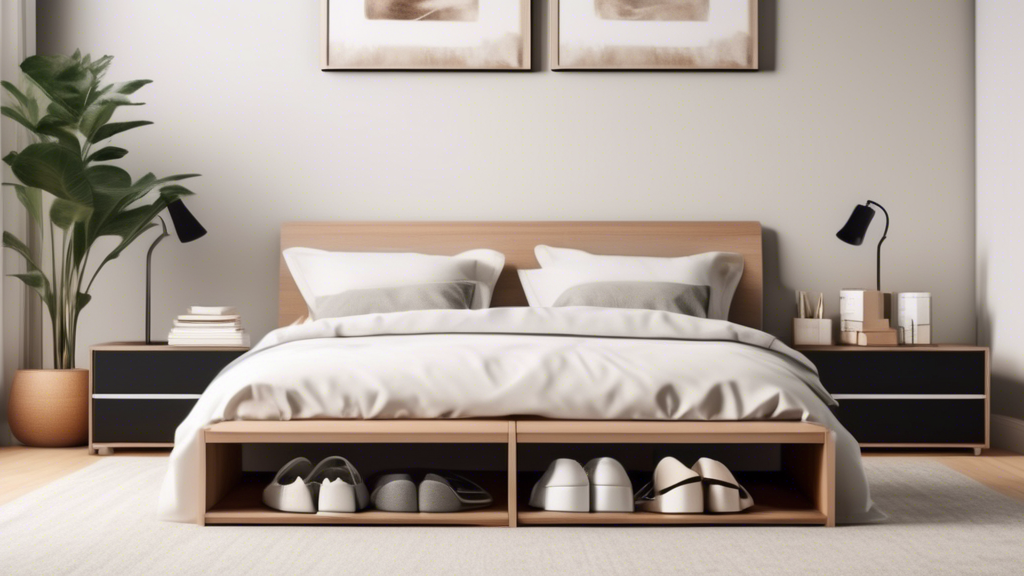 Create an image of a clutter-free bedroom with a sleek and modern design. Underneath the bed, include sliding storage bins that are effortlessly pulled out, showcasing organized items such as clothes, shoes, or bed linens. The image should highlight 