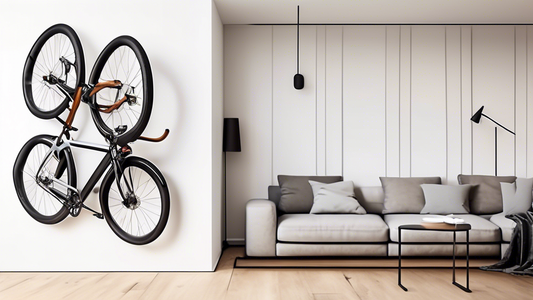 Create an image of a modern apartment living room with a sleek and stylish wall-mounted bike rack that elegantly stores two bicycles, demonstrating a compact and efficient solution for urban dwellers. The design should blend seamlessly with the decor