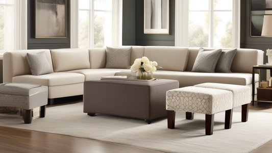 Create an image of a chic and elegant living room featuring rolling storage ottomans as a stylish and practical addition. The ottomans should be upholstered in a luxurious fabric, with a sleek design and hidden storage compartments. The room should b