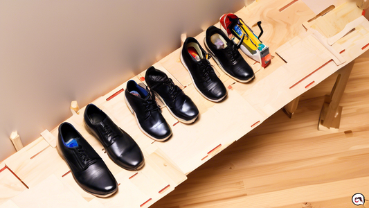 Create an image of a DIY vertical shoe rack organizer being constructed step by step, showcasing the process from gathering the materials to assembling the final product. Each step should be visually clear and easy to follow, helping viewers understa