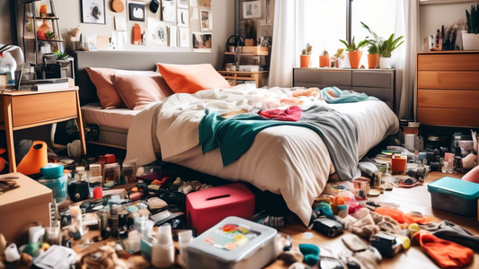 Create an image of a cluttered bedroom with a variety of items strewn about, alongside a neatly organized under-bed storage solution with labeled containers and bins to showcase efficient use of space.