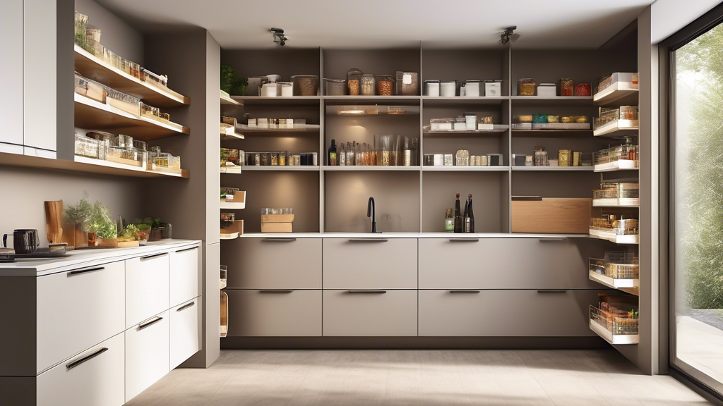 Create an image of a modern kitchen with pull-out pantry shelving units installed in a spacious walk-in pantry, showcasing efficient and organized storage. The shelving units should be sleek and stylish, with customizable compartments and easy access