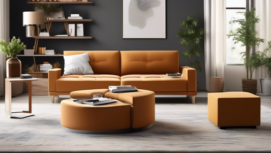 Create an image of a modern living room setting with stylish, multi-functional rolling ottomans designed for easy storage and convenience. The ottomans should be sleek in design and feature compartments or drawers for organizing various items. The ro
