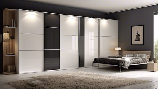 Create an image of a modern bedroom with a sleek sliding door wardrobe system that maximizes space efficiency. The wardrobe should have mirrored or glass sliding doors, providing a sense of luxury and sophistication. Show the interior of the wardrobe