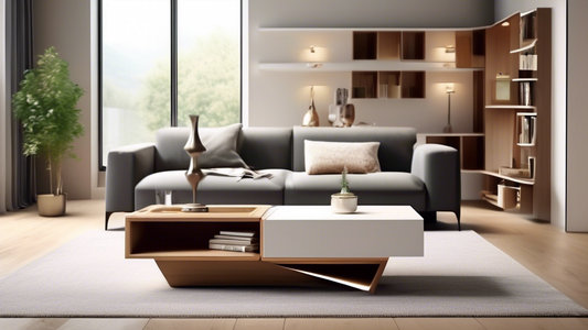 Create an image of a modern and stylish living room featuring a unique piece of hidden compartment furniture, such as a sleek coffee table with a discreet storage compartment or a minimalist bookshelf with secret drawers. Show how this innovative fur