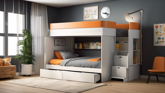 Create an image of a modern, compact bunk bed design that maximizes space-saving features, including built-in storage solutions such as drawers, shelves, and under-bed compartments. The bunk bed should showcase a sleek and stylish design that is both