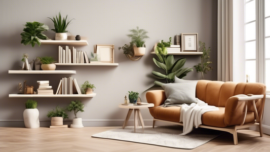 Create an image of a cozy living room with a small corner nook, featuring floating shelves elegantly displaying books, plants, and decor items. Show how these space-saving solutions utilize the tight corner effectively, providing both functionality a