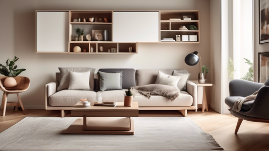 Create an image of a modern living room with clever hidden storage solutions, such as a coffee table with built-in drawers, shelves disguised as wall art, and a couch with storage compartments underneath. Show the space neatly organized and optimized