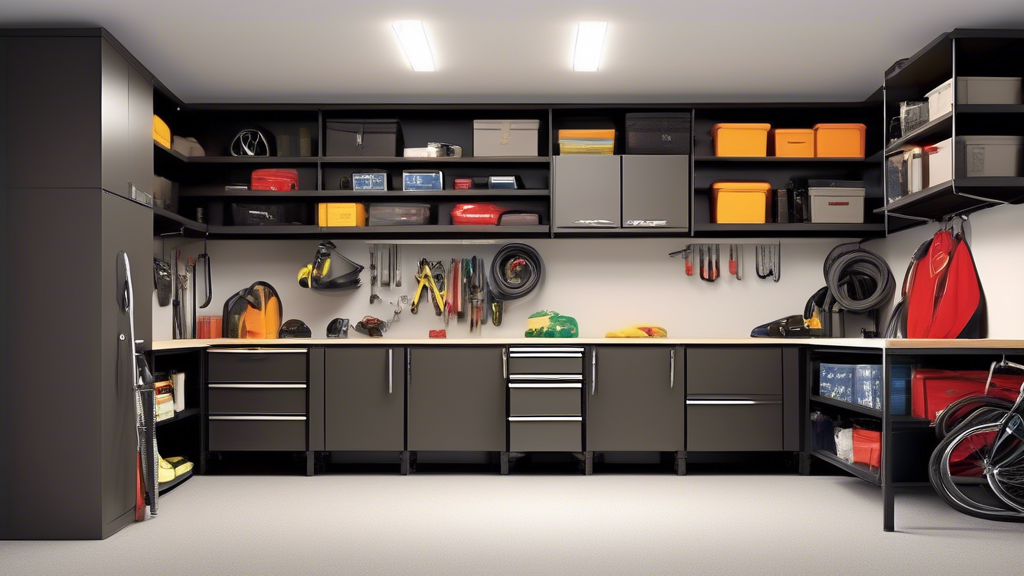 Create an image of a modern, sleek garage storage system specifically designed for condominiums. Show multiple storage solutions such as wall-mounted shelves, overhead storage racks, and space-saving cabinets, all tailored to fit neatly within a comp