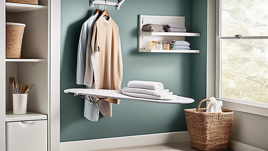 Create an image of a modern, space-saving folding wall-mounted ironing board in a small laundry room. The ironing board should be sleek and functional, seamlessly blending with the room's decor. Show a neatly folded ironing board against the wall, wi