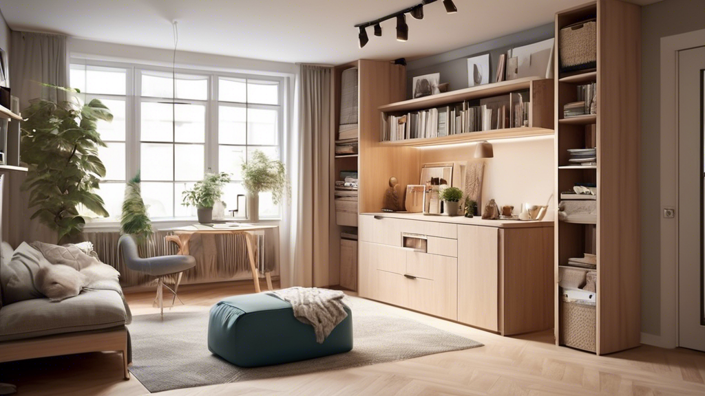 Create an image of a small, cozy apartment with clever storage solutions seamlessly integrated into the decor. Show a variety of space-saving ideas such as hidden storage compartments, multi-functional furniture with built-in storage, hanging shelves