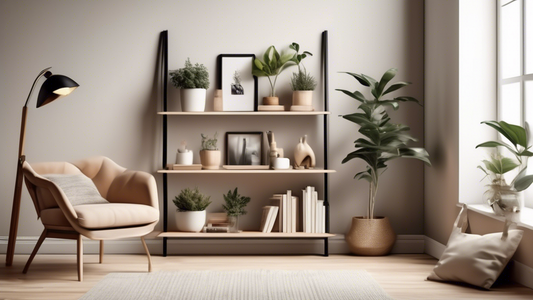 Create an image of a modern, minimalist living room featuring a sleek and stylish ladder shelf unit full of neatly organized books, plant pots, and decorative items. The shelves should be elegantly designed and seamlessly integrated into the overall 
