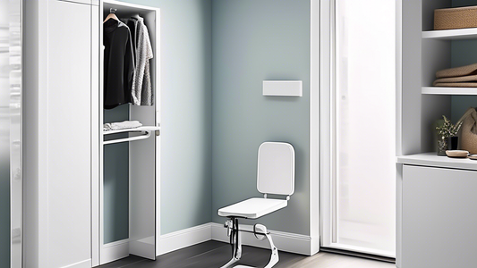 Create an image of a modern, compact wall-mounted ironing board seamlessly integrated into a stylish and functional laundry room or closet space. Show how the ironing board can be easily flipped down for use and folded back up against the wall when n