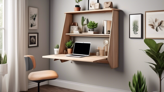 Create an image of a stylish and functional fold-down wall desk in a cozy home office setting. Show different design ideas and configurations for space-saving solutions, incorporating shelves, drawers, and hooks for practicality and organizational pu