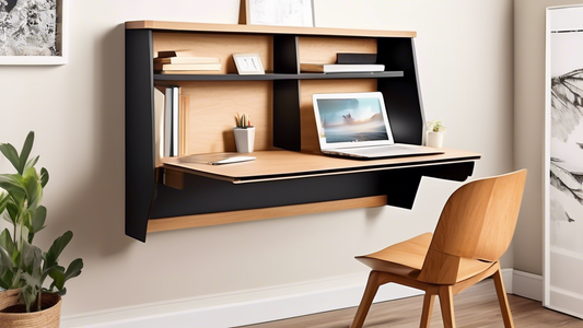 Create an image of a stylish and functional wall-mounted folding desk design showcasing a variety of innovative features and design elements. The desk should be sleek and modern, with multiple folding mechanisms and organizational components such as 