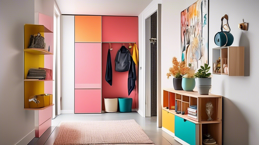 A hallway with unique and creative space-saving storage solutions, such as wall-mounted shelves, multi-functional furniture pieces, and hidden storage compartments, all designed to maximize organization and minimize clutter in a small entryway.