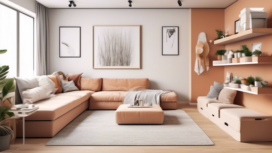 Create an image of a small apartment with clever storage solutions such as floating shelves, under-bed storage, collapsible furniture, and multi-functional pieces like a sofa bed or a storage ottoman. Showcase the space being utilized efficiently and