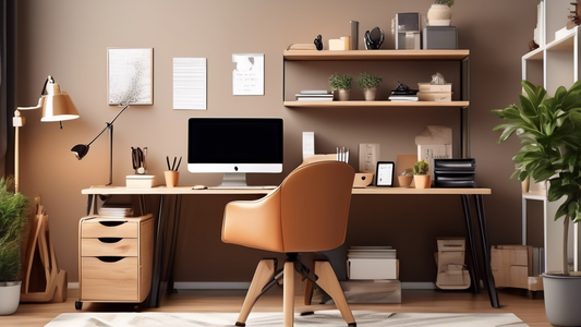 Create an image of a cozy and stylish home office with compact furniture sets that maximize space while still providing functionality and design appeal. Include a compact desk, ergonomic chair, storage solutions, and space-saving accessories for a pr